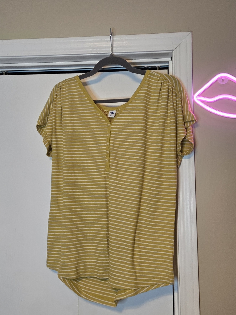 Striped Mustard Short-Sleeve Henley Top - Women's